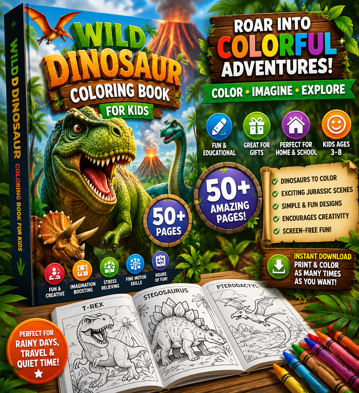 Wild Dinosaur Coloring Book for kids