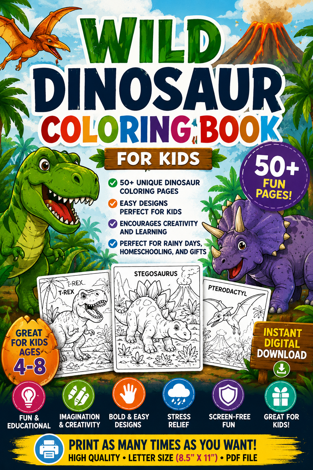 Wild Dinosaur Coloring Book for kids