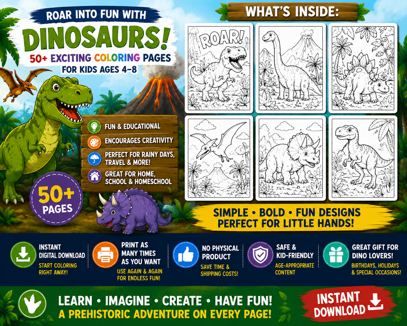 Wild Dinosaur Coloring Book for kids
