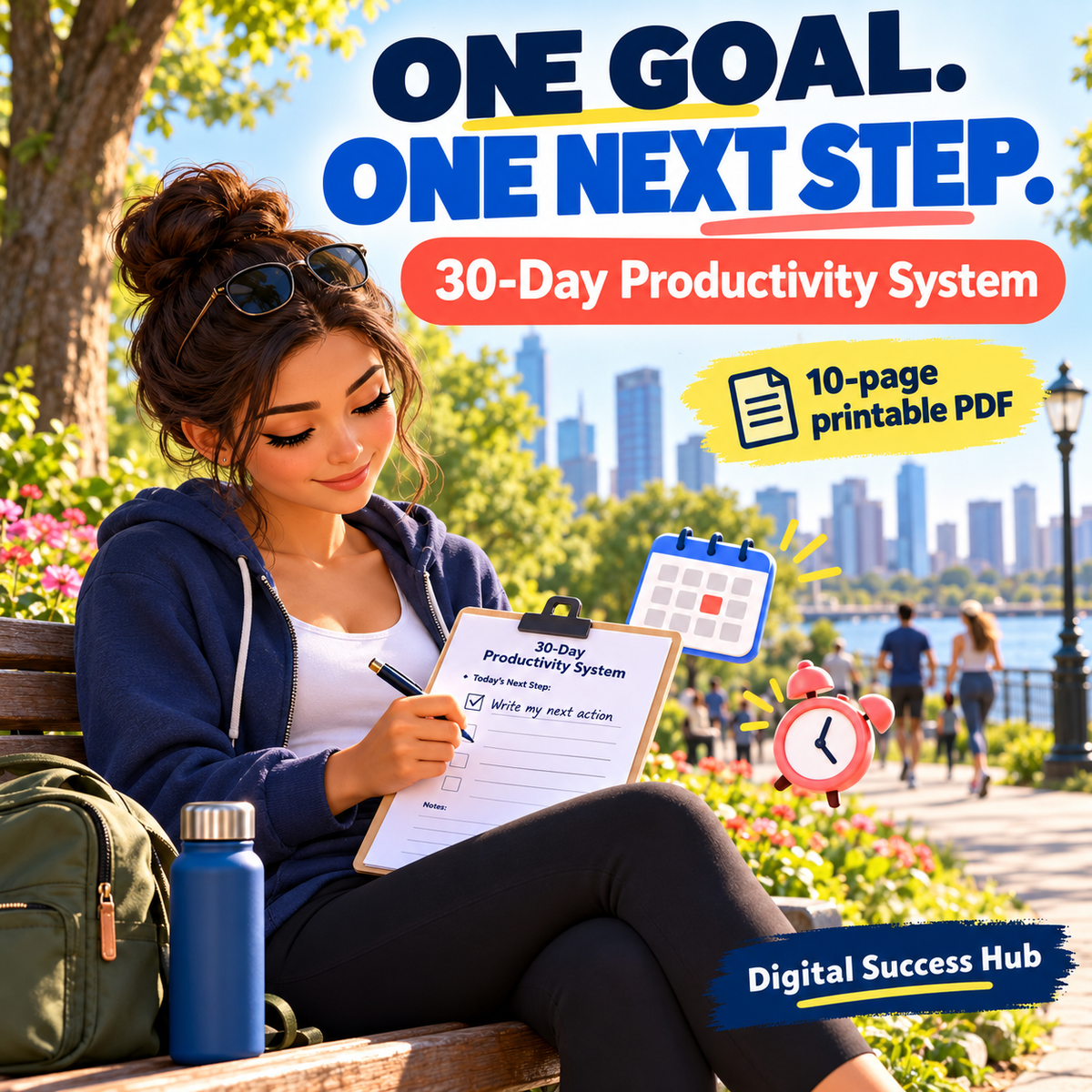 One Goal. One Next Step. A young adult writes a next action on a printed planning page while sitting on a sunny park bench. Text: 30-Day Productivity System; 10-page printable PDF. Digital Success Hub.