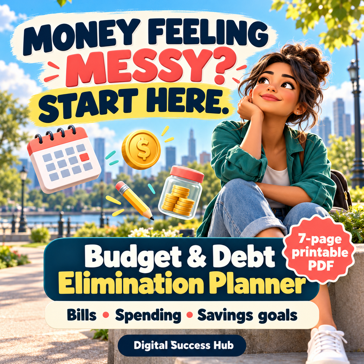 Money feeling messy? Start here. Budget & Debt Elimination Planner artwork with a young adult relaxing in a sunny city park and decorative calendar, pencil, coin, and savings jar icons. Labels: 7-page printable PDF; Bills, Spending, Savings goals.