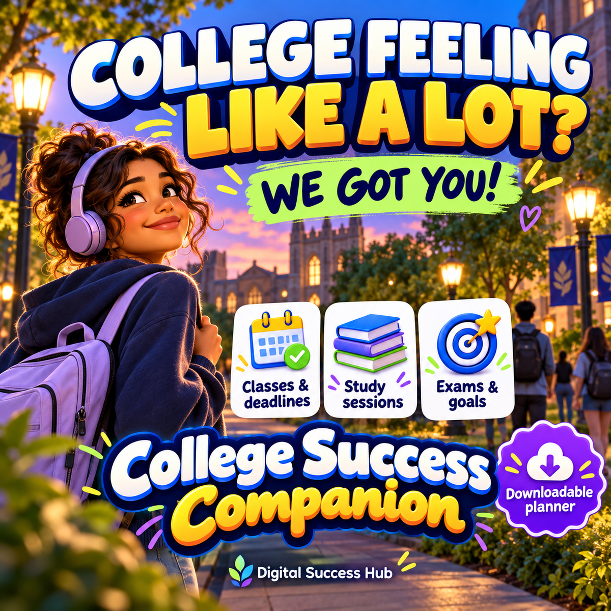 College feeling like a lot? We got you! College Success Companion artwork showing an illustrated student with headphones and a backpack on an outdoor campus path, with icons for classes and deadlines, study sessions, and exams and goals. Downloadable planner.