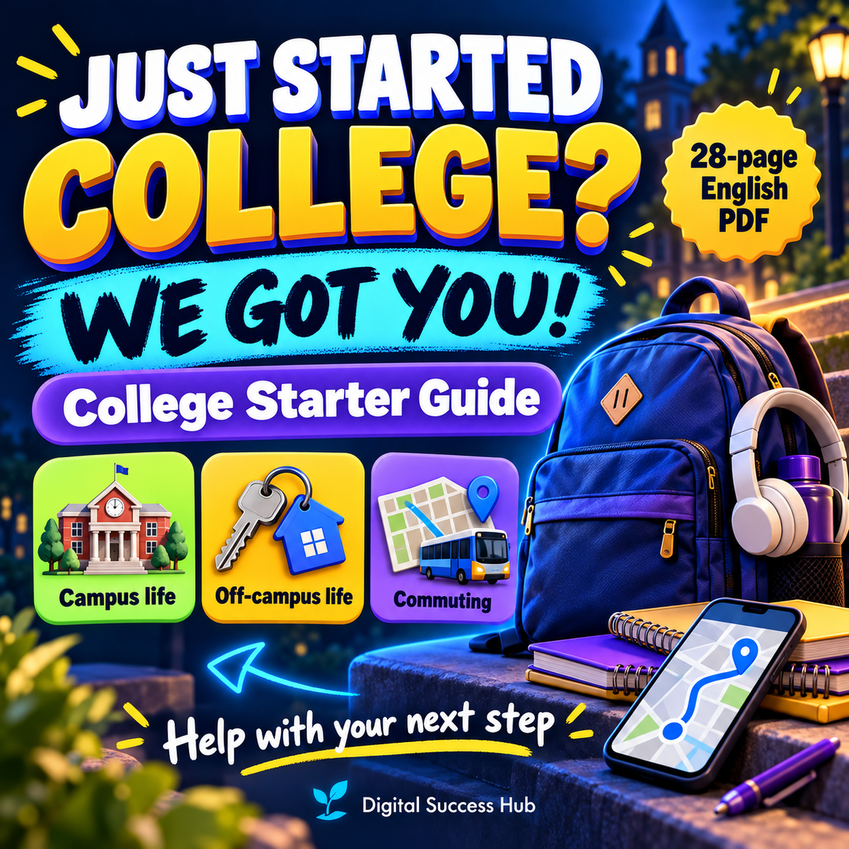 Just Started College? We Got You! College Starter Guide artwork with bold blue, yellow and purple lettering, an outdoor campus backdrop, backpack, and icons for campus life, off-campus life and commuting. 28-page English PDF.