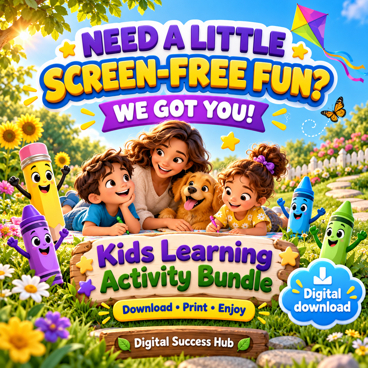 Need a little screen-free fun? We got you! Kids Learning Activity Bundle artwork with a family enjoying activities in a sunny garden, colorful pencil and crayon characters, and the labels Digital download and Download, Print, Enjoy.