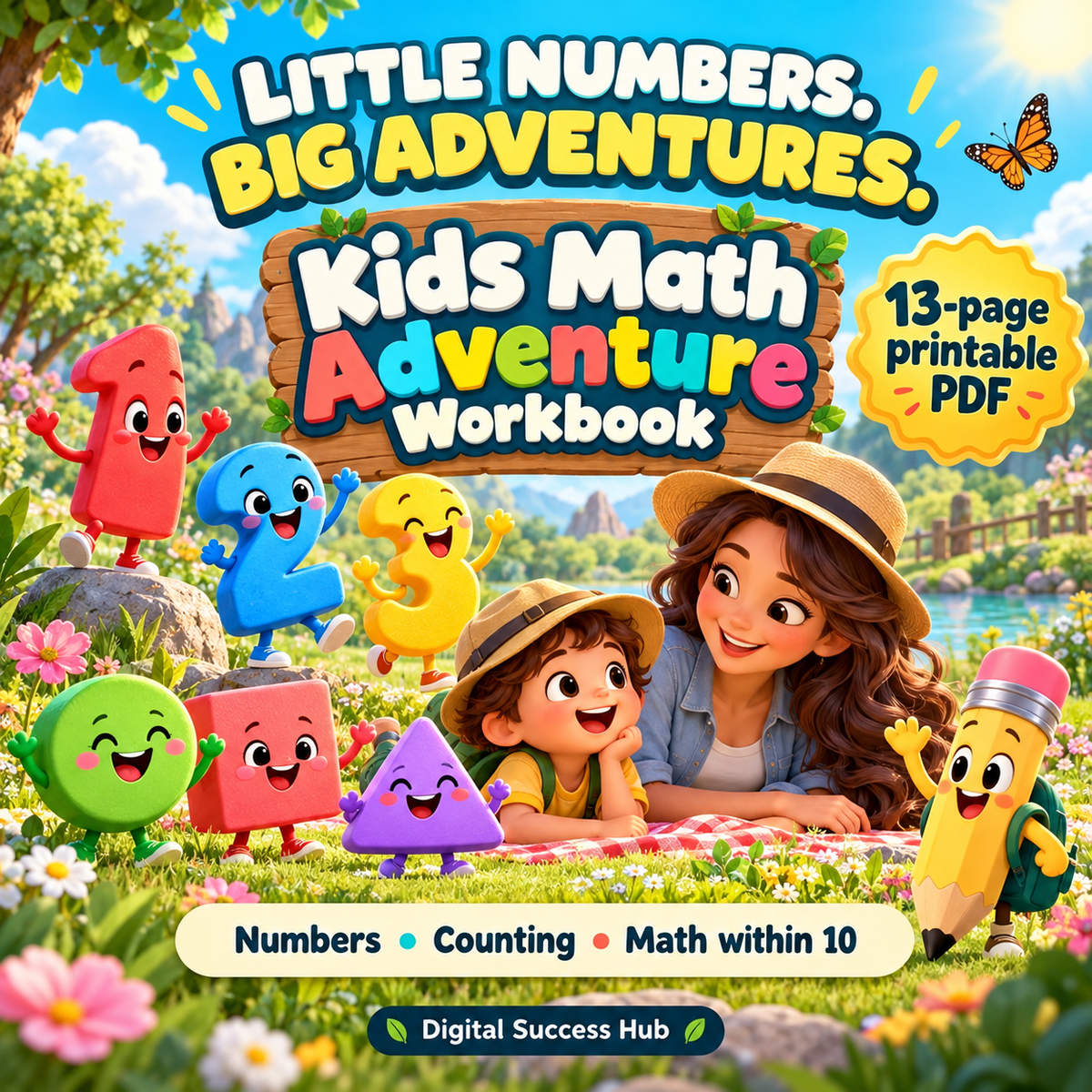 Little numbers. Big adventures. Kids Math Adventure Workbook artwork showing a child and adult enjoying a sunny outdoor picnic with playful number, shape, and pencil characters. Labels: 13-page printable PDF; Numbers, Counting, Math within 10.