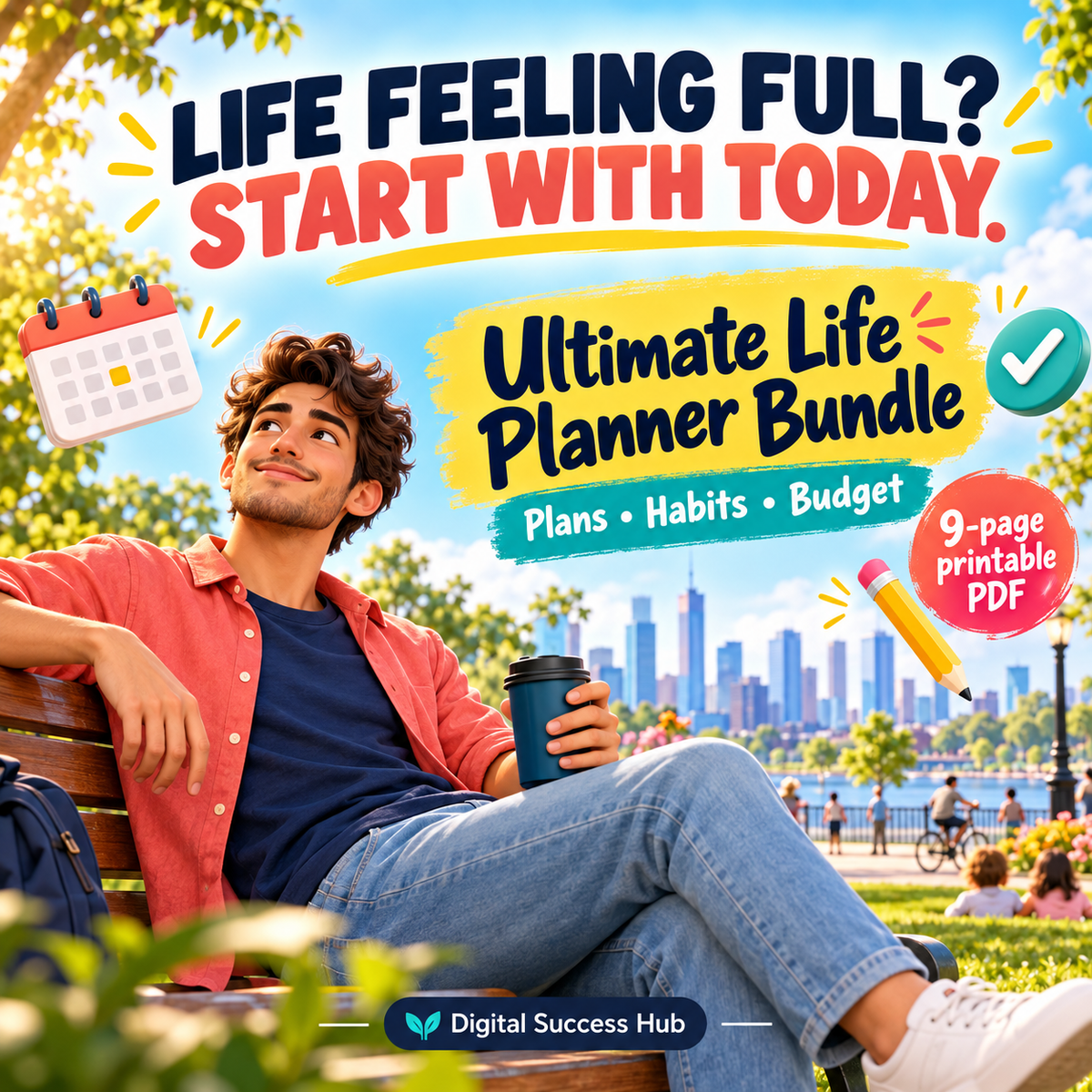 Life feeling full? Start with today. Ultimate Life Planner Bundle artwork showing a young adult relaxing on a sunny park bench with calendar, pencil, and checkmark symbols. Labels: Plans, Habits, Budget; 9-page printable PDF.