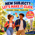 New subject? Let's make it click. Two college students with backpacks walking across a sunny campus, with connecting puzzle pieces. Labels: Concepts, Essays, Thesis help; 31-page English PDF.