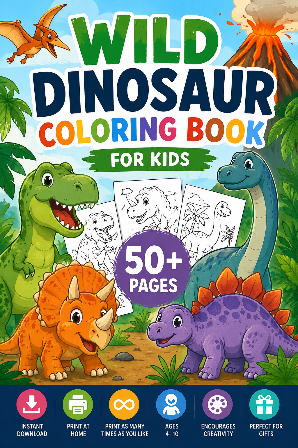 Wild Dinosaur Coloring Book for kids